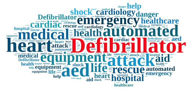 Illustration with word cloud relating to Defibrillator.