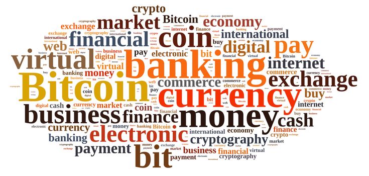 Illustration with word cloud relating to Bitcoin.