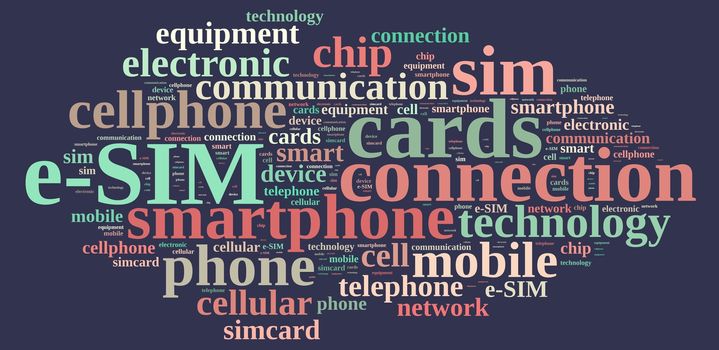 Illustration with word cloud related to e-SIM.