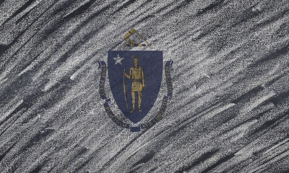 Close-up of national Massachusetts state flag painted with colored chalk on a blackboard. 3D rendering