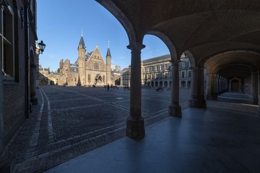 Dutch parliament inner court and knights hall night view in The Hague, Netherlands