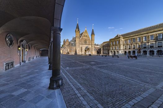 Dutch parliament inner court and knights hall night view in The Hague, Netherlands