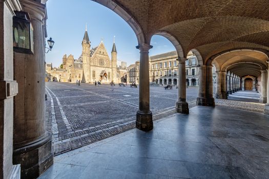 Dutch parliament inner court and knights hall night view in The Hague, Netherlands