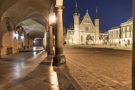 Dutch parliament inner court and knights hall night view in The Hague, Netherlands