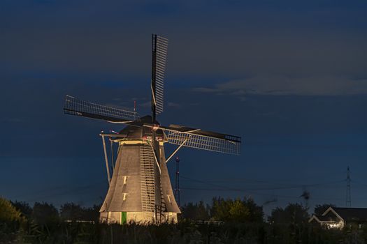 Majestic windmill against the bleu hour sunset in Alblasserdam city, Netherlands