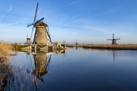 Early sunrise on the Unesco heritage windmill silhouette reflected on the calm water of the canal, Alblasserdam, Netherlands