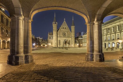 Dutch parliament inner court and knights hall night view in The Hague, Netherlands