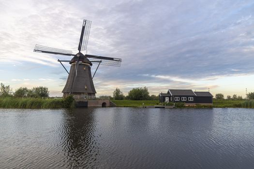 Dutch windmill laying along the canal with wild grass blown by strong winds at the early sunset moment