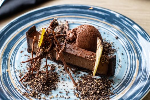 Beautifully designed chocolate dessert in the restaurant