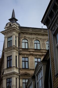 Beautiful buildings in Riga, Latvia. Walking in Riga in March 2020.