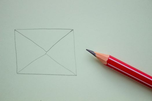 An envelope drawn in pencil on a paper sheet, Close-up