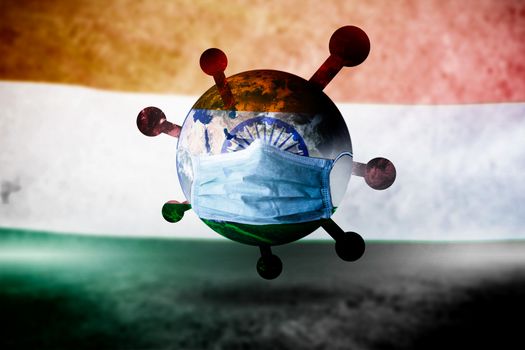 Corona virus mask protect on India flag republic day background concept for Earth warning covid19 flu pandemic quarantine, 15 August indian Independence day care for pneumonitis and symptoms controlCorona virus mask protect on India flag republic day background concept for Earth warning covid19 flu pandemic quarantine, 15 August indian Independence day care for pneumonitis and symptoms control