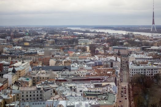 Beautiful buildings in Riga, Latvia. Walking in Riga in March 2020.