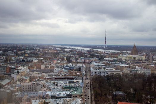 Beautiful buildings in Riga, Latvia. Walking in Riga in March 2020.