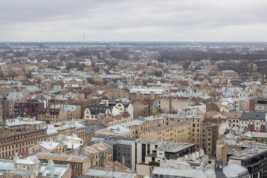 Beautiful buildings in Riga, Latvia. Walking in Riga in March 2020.