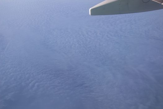 Airplane wing in the sky. View from a great height