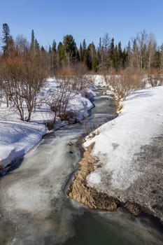 Frozen river in the winter in the forest. Sunny day. Beautiful winter landscape.