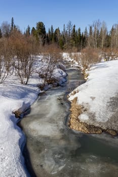 Frozen river in the winter in the forest. Sunny day. Beautiful winter landscape.