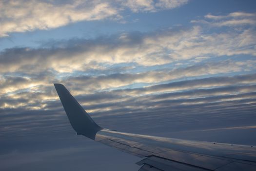 Airplane wing in the sky. View from a great height