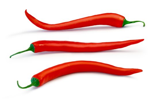 Long curvy chili peppers. Individual clipping paths for both peppers and shadows, infinite DOF