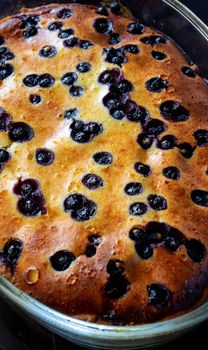 Cottage cheese casserole baked with blueberry. Curd casserole with fresh berries on kitchen table. Top view