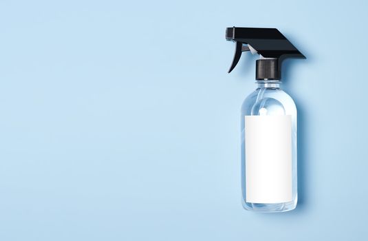 mockup spray alcohol cleaning for protect anti virus bacteria on blue background.