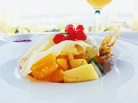 Fruit plate as delicious dessert, food and menu