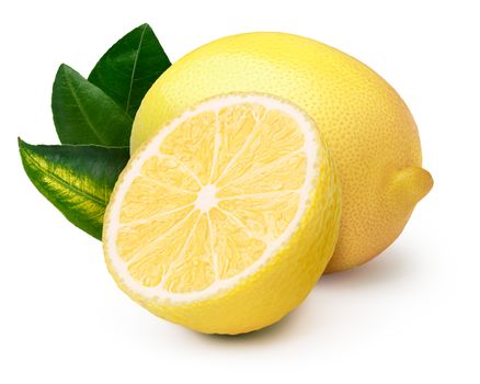 Whole and halved lemon with leaves. Clipping paths, infinite depth of field