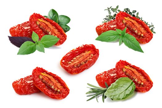 Set of sun dried tomatoes with different fine herbs. Separate clipping paths for each objects and for shadows. Infinite depth of field