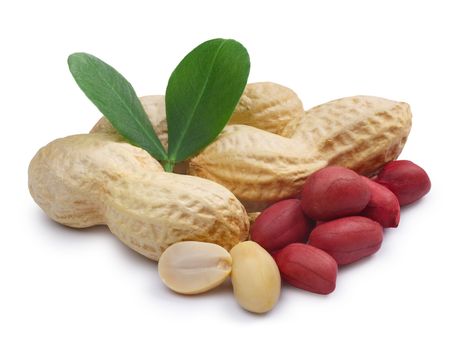 Heap of peanuts in shell, whole shelled, blanched, whole and split, roasted, with leaves. Clipping paths, infinite DOF