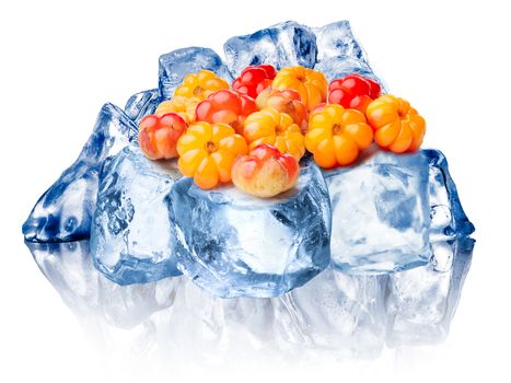 Heap of wild cloudberries freezing on rough crushed ice. Clipping paths for cloudberry, FG ice, BG ice, reflection and for whole composite