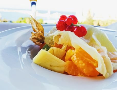 Fruit plate as delicious dessert, food and menu