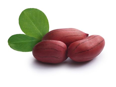 Whole, shelled raw peanuts with leaves. Clipping paths included, infinite depth of field