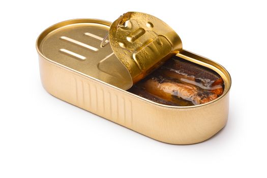 Smoked fish, sardines or sprats in half-opened tin. Infinite DOF, clipping paths