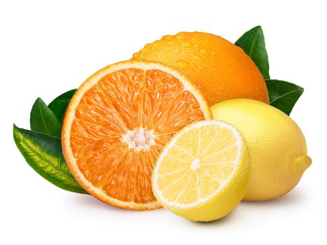 Whole and halved lemon with orange. Clipping paths, infinite depth of field. Citrus fruits