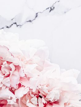 Bouquet of peony flowers on luxury marble background, wedding flatlay and event branding design