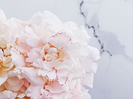 Bouquet of peony flowers on luxury marble background, wedding flatlay and event branding design