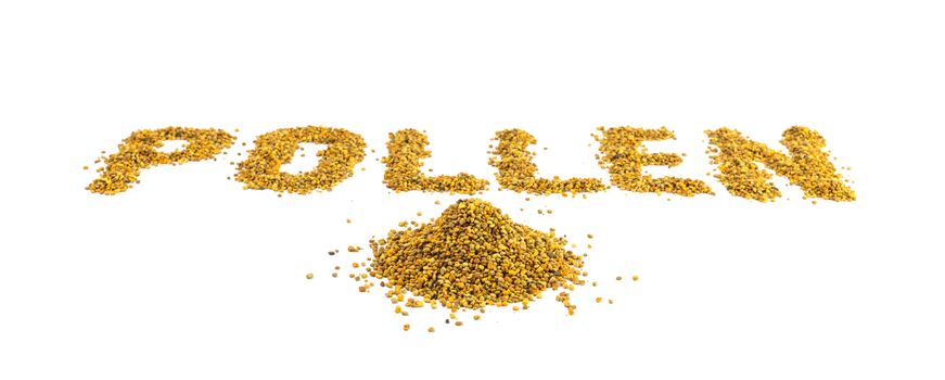 the word pollen laid with yellow pollen grain on white background with linear perspective.