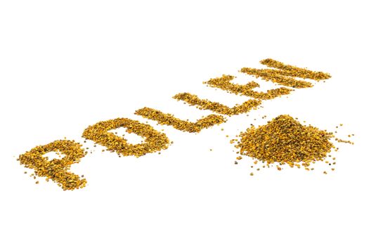 the word pollen laid with yellow pollen grain on white background with diagonal perspective.