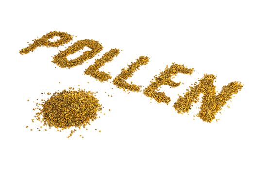 the word pollen laid with yellow pollen grain on white background with diagonal perspective.