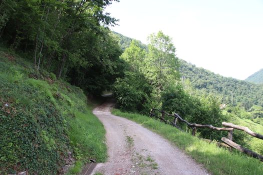 Hiking path through mountains. Trekking mountain trail.