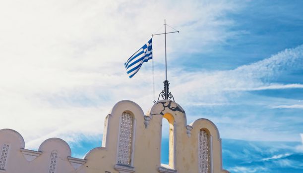 Greek flag and blue sky, travel and politics concept