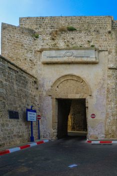 ACRE, ISRAEL - AUGUST 03, 2016: View from the outside of the land gate in the walls of the old city of Acre, Israel