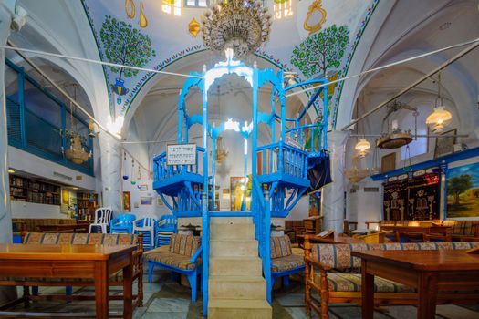 SAFED, ISRAEL - SEPTEMBER 14, 2016: The Abuhav Synagogue, in the Jewish quarter, in Safed (Tzfat), Israel. It is a 15th-century synagogue, named after the Spanish rabbi and kabbalist, Isaac Abuhav