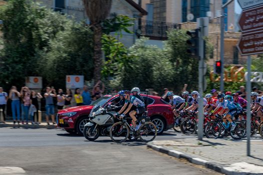 HAIFA, ISRAEL - MAY 05, 2018: Scene of stage 2 of 2018 Giro d Italia, with cyclists and spectators, in Haifa, Israel
