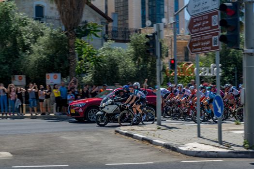 HAIFA, ISRAEL - MAY 05, 2018: Scene of stage 2 of 2018 Giro d Italia, with cyclists and spectators, in Haifa, Israel