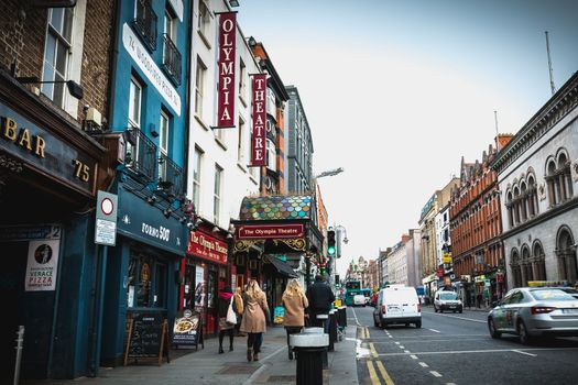 Dublin, Ireland - February 11, 2019: Architecture detail and street atmosphere in a shopping street on a winter day