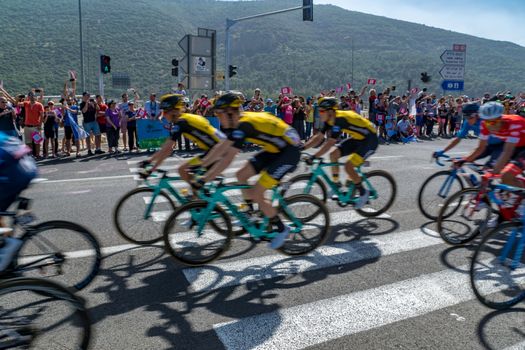 YAGUR, ISRAEL - MAY 05, 2018: Scene of stage 2 of 2018 Giro d Italia, with cyclists and spectators, in Yagur, Israel