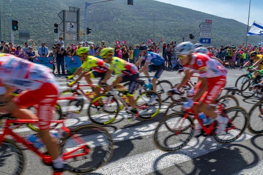 YAGUR, ISRAEL - MAY 05, 2018: Scene of stage 2 of 2018 Giro d Italia, with cyclists and spectators, in Yagur, Israel