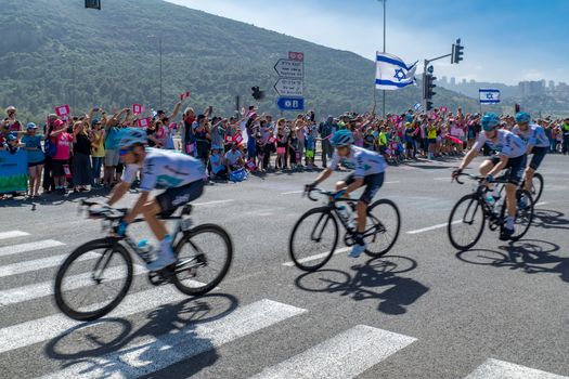 YAGUR, ISRAEL - MAY 05, 2018: Scene of stage 2 of 2018 Giro d Italia, with cyclists and spectators, in Yagur, Israel